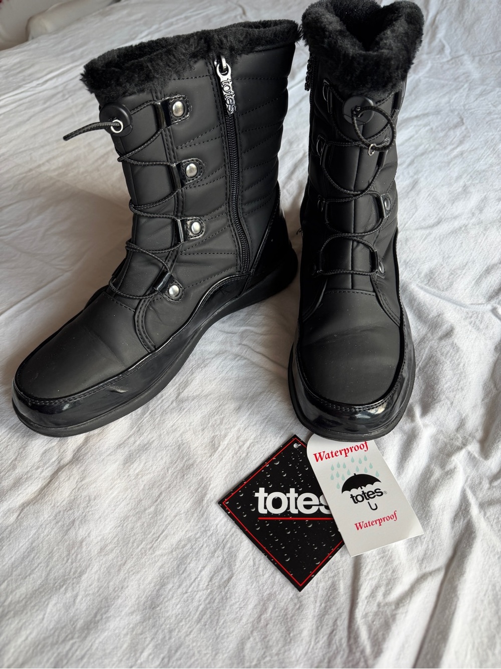 totes Black Waterproof Faux-Fur Winter Boots